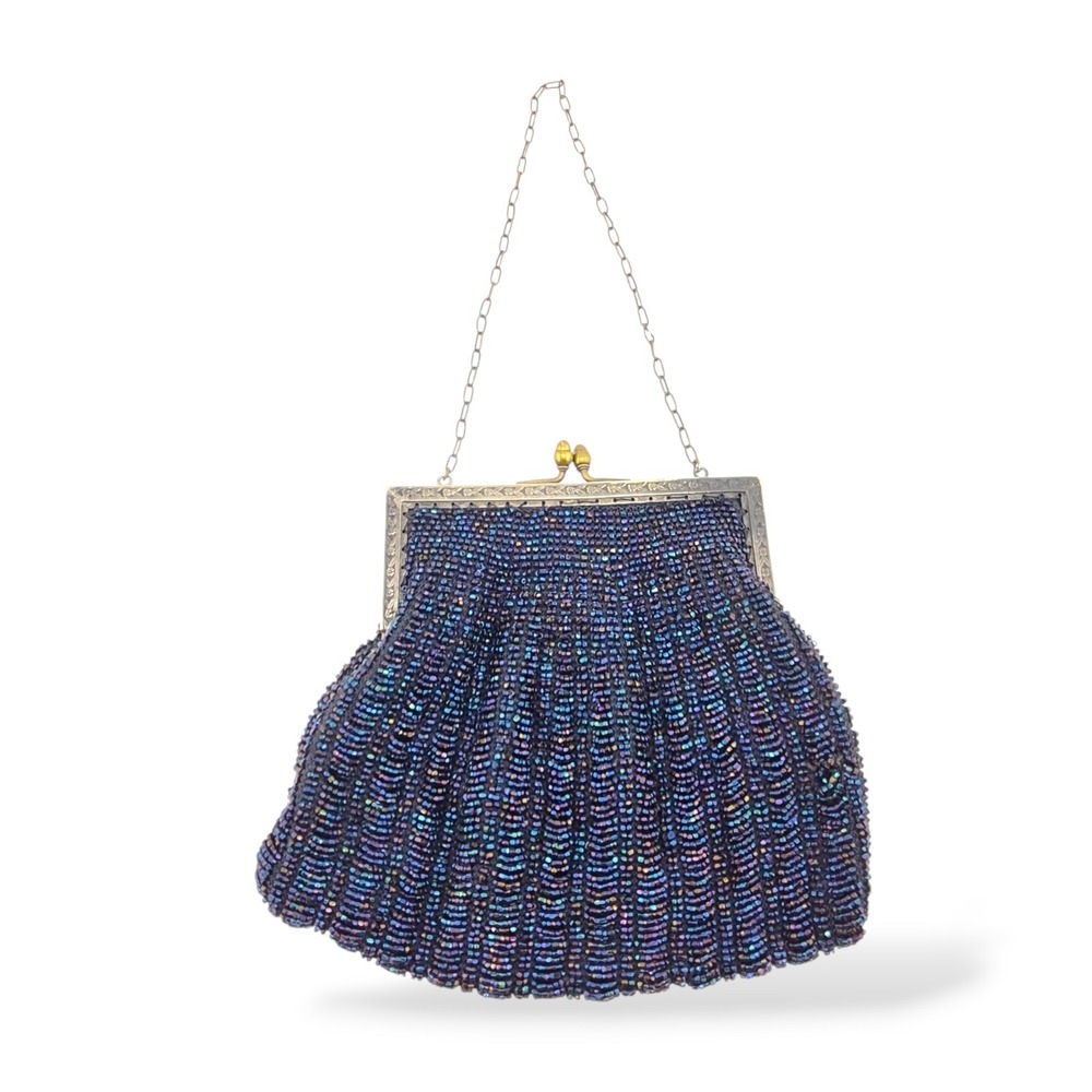 Vintage Navy Blue Micro Beaded Purse Metal Frame & Handle Art Deco 1920s 1940s